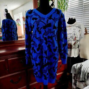 Blue with Black Design Long Sleeve Knitted Dress